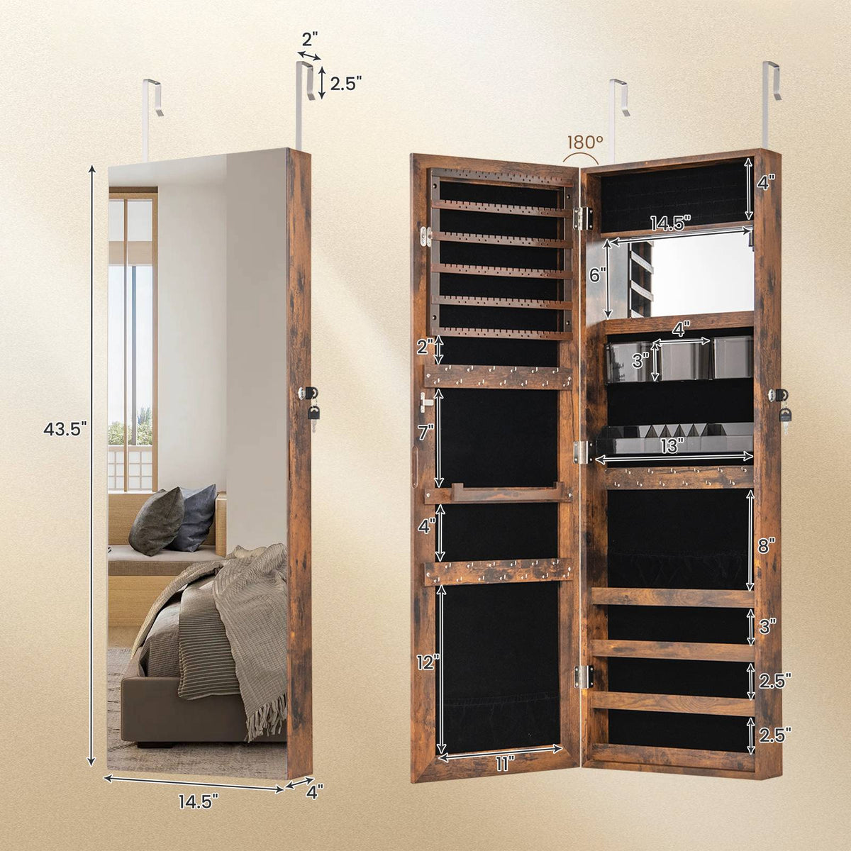 Jewelry Armoire, 110 cm Full-Length Mirror, Lockable