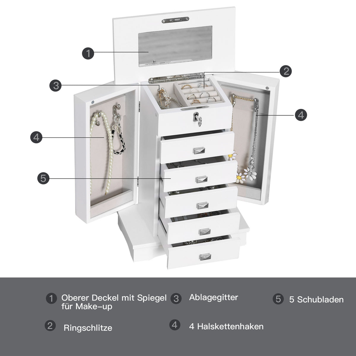 Jewelry Box Jewelry Cabinet Storage Cabinet Drawers White 25X14X34.5Cm
