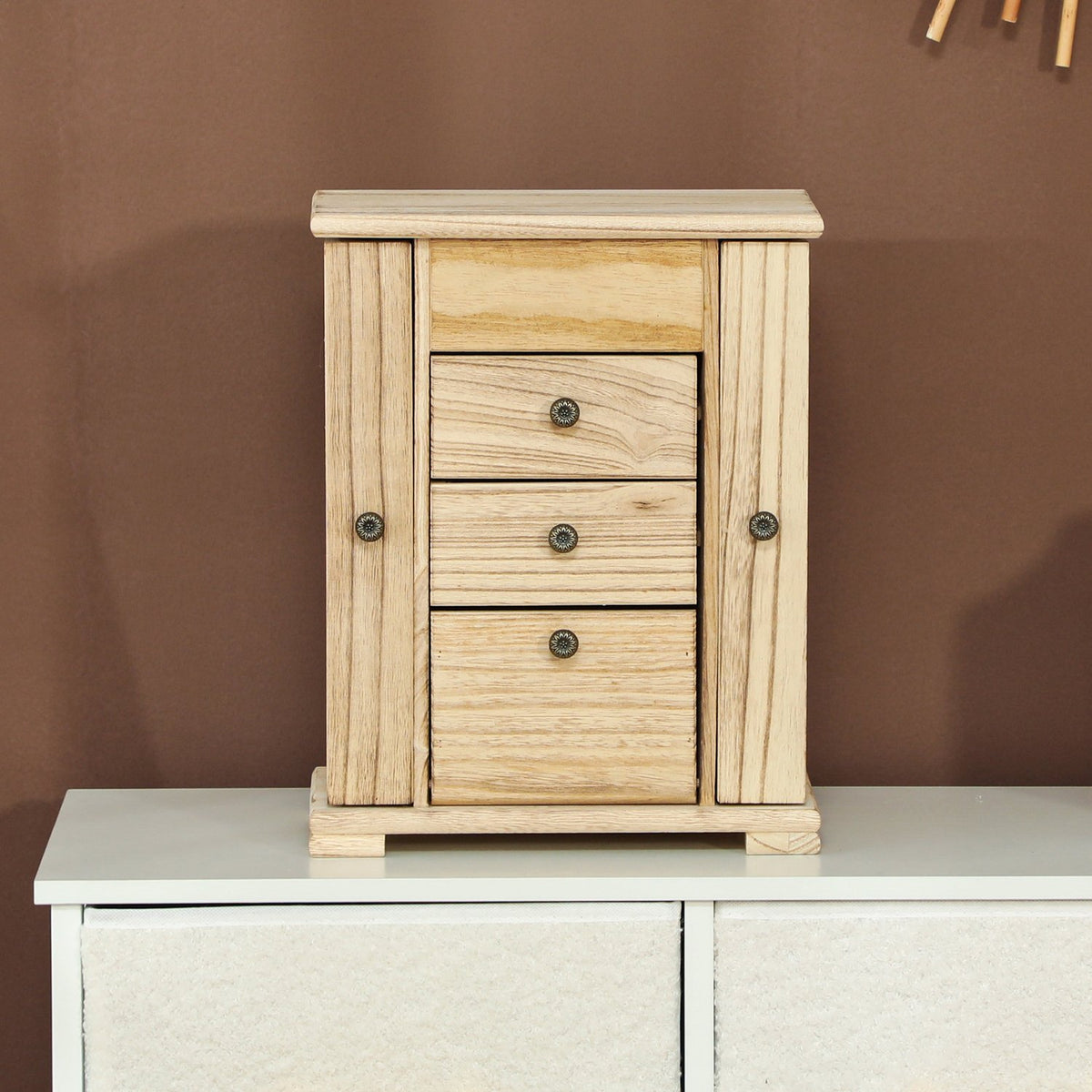 Jewelry Box with Mirror, 4-Tier, Brown Paulownia Wood