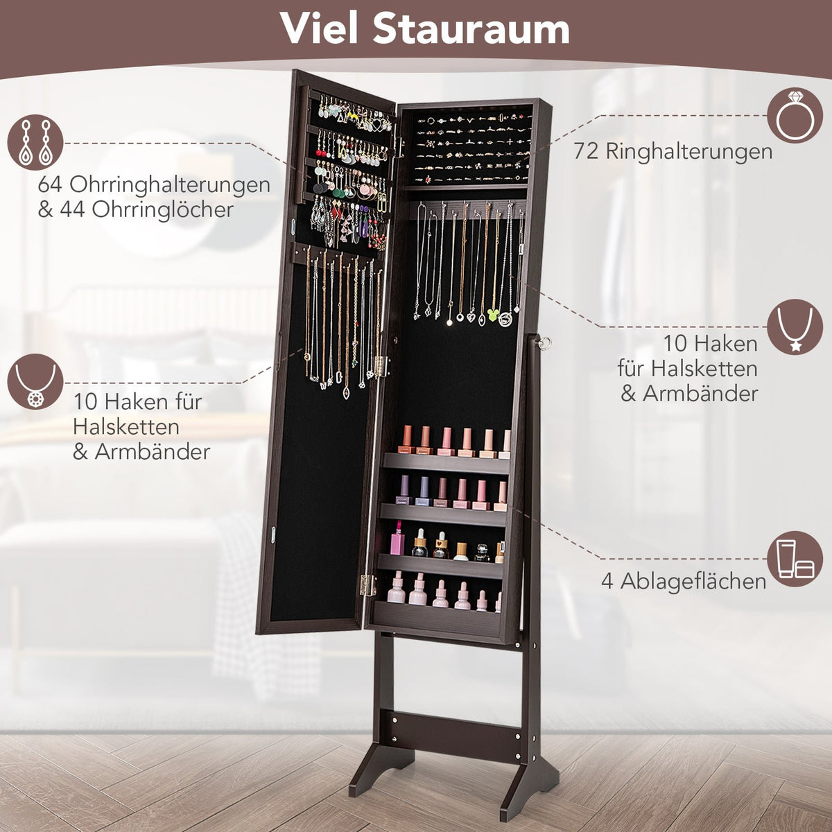 Jewelry Cabinet with Full-Length Mirror, Adjustable Tilt