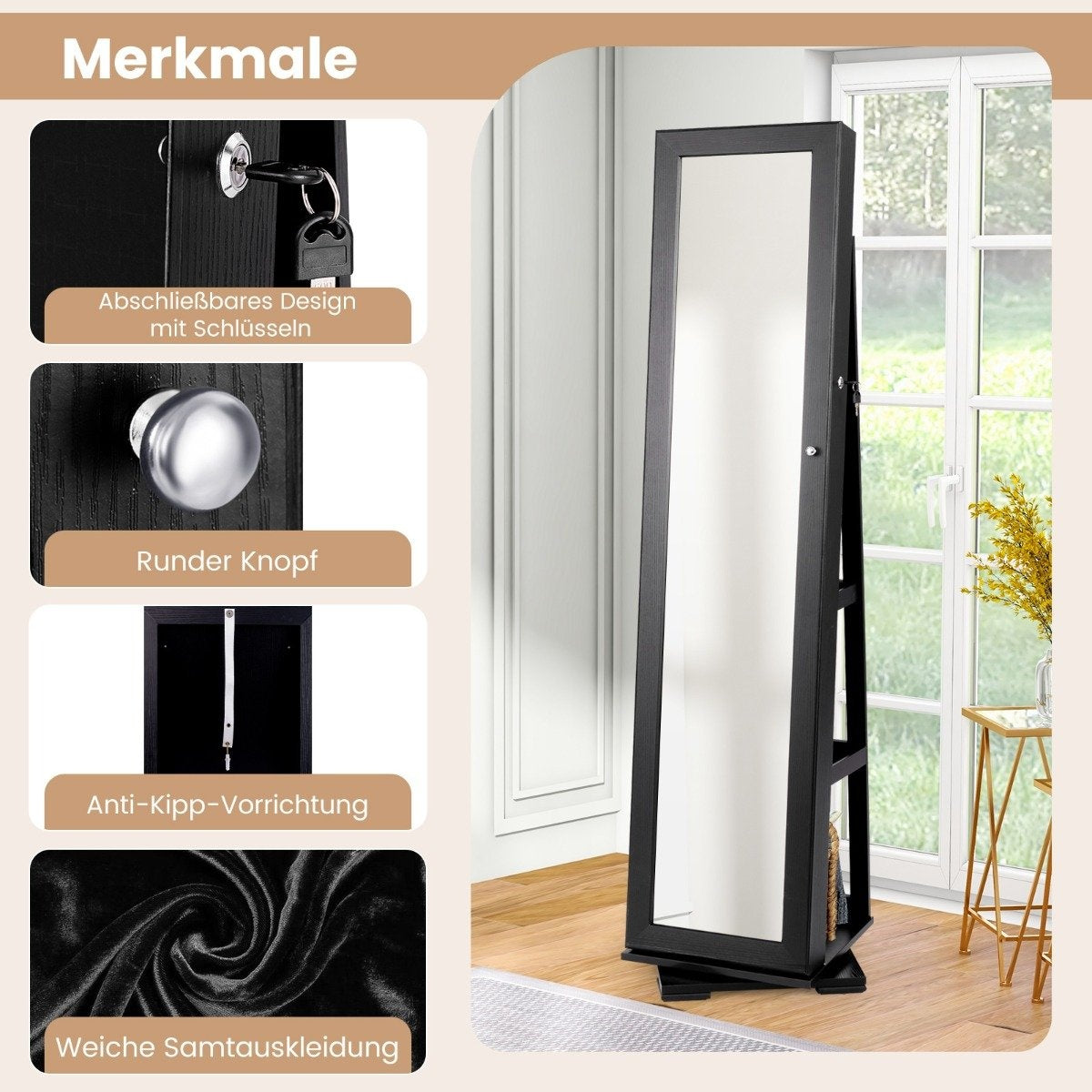 Jewelry Cabinet with Full Length Mirror & Built-in Makeup Mirror Coffee Mirror Cabinet
