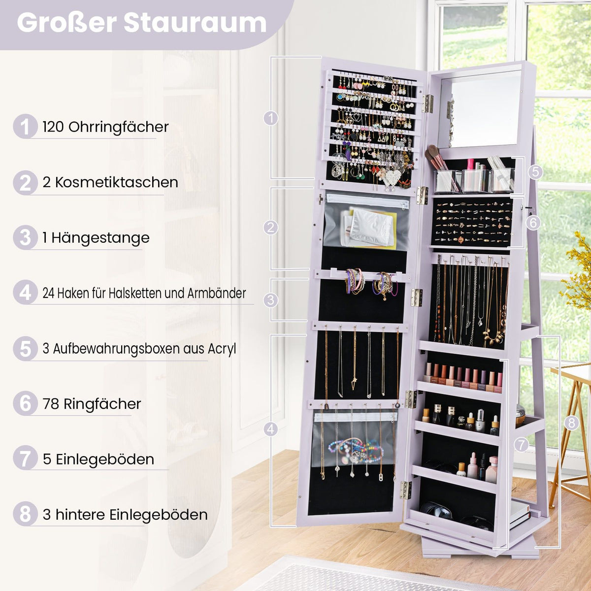 Jewelry Cabinet with Full-Length Mirror, Rotating Base