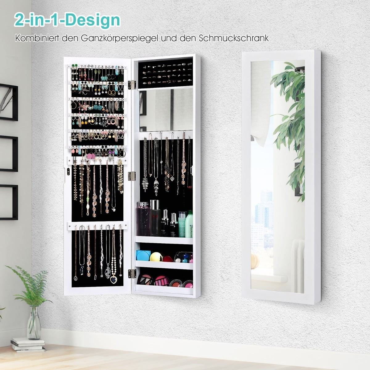 Jewelry Cabinet with Full-Length Mirror, White, 31.5x8.5x110 cm