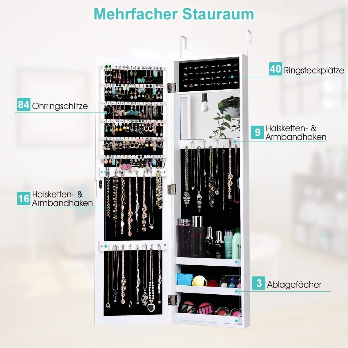 Jewelry Cabinet with Full-Length Mirror, White, 31.5x8.5x110 cm