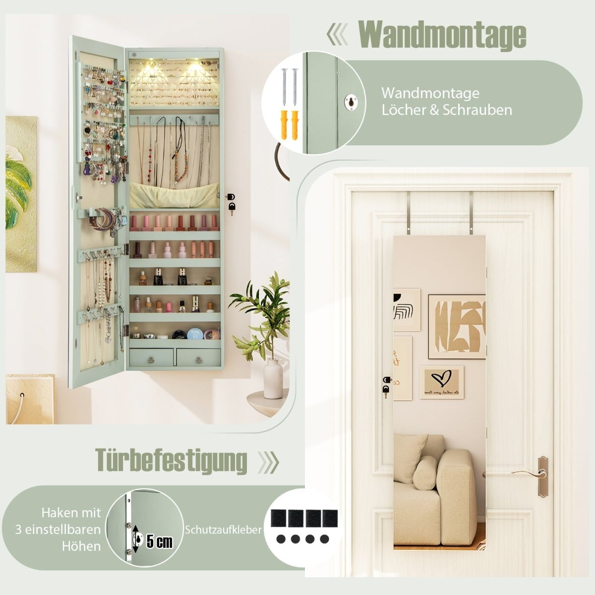 Jewelry Cabinet with LED Light, Mirror, Lockable, Green
