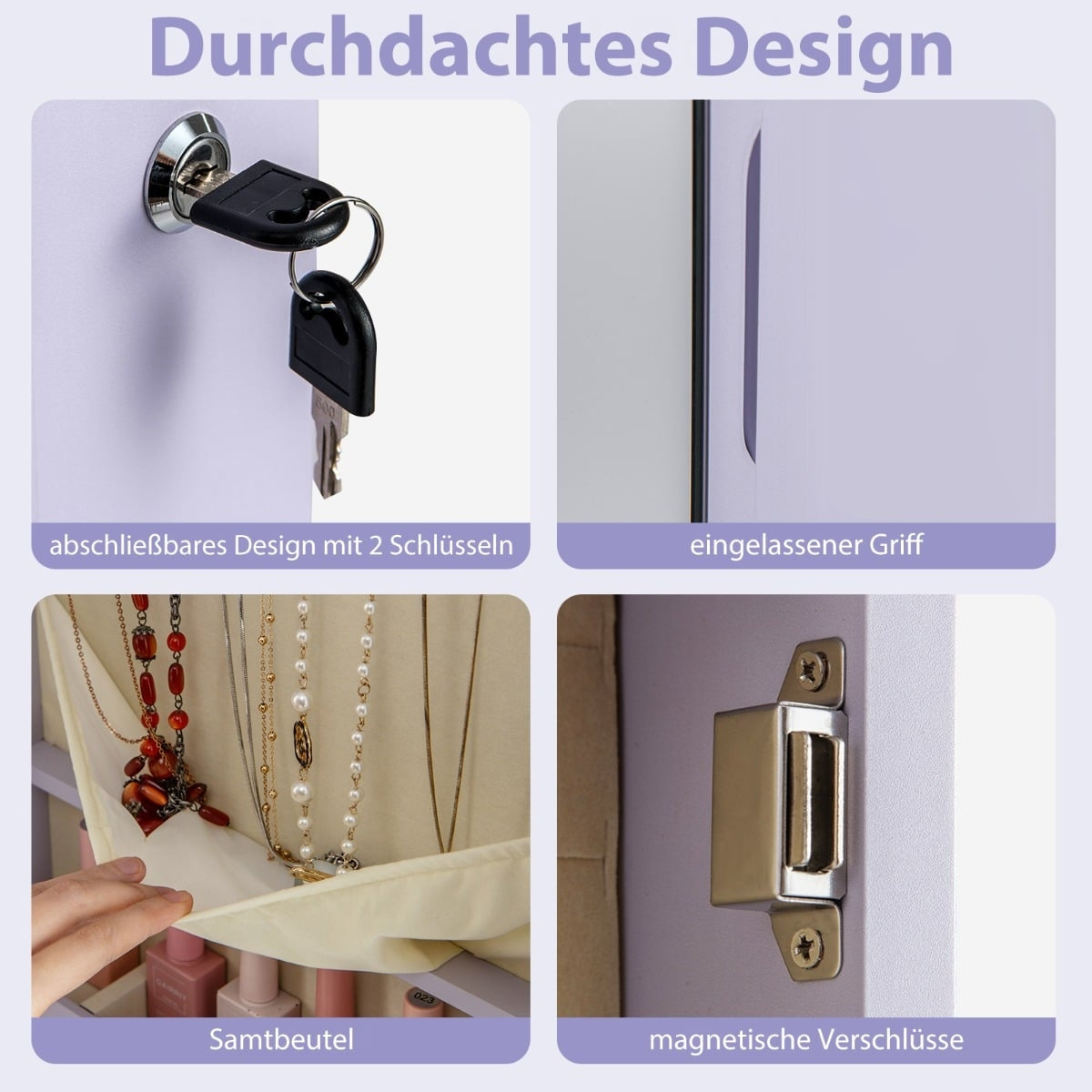 Jewelry Cabinet with LED Light, Mirror, Lockable, Purple