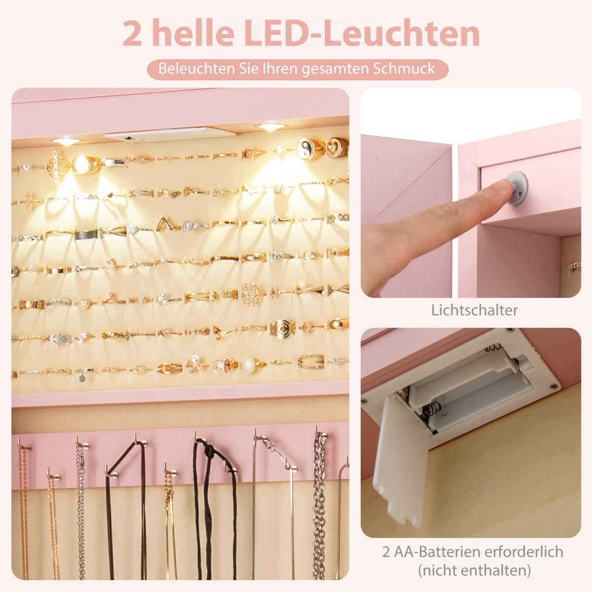 Jewelry Cabinet with Mirror, LED Lighting, Lockable, Pink
