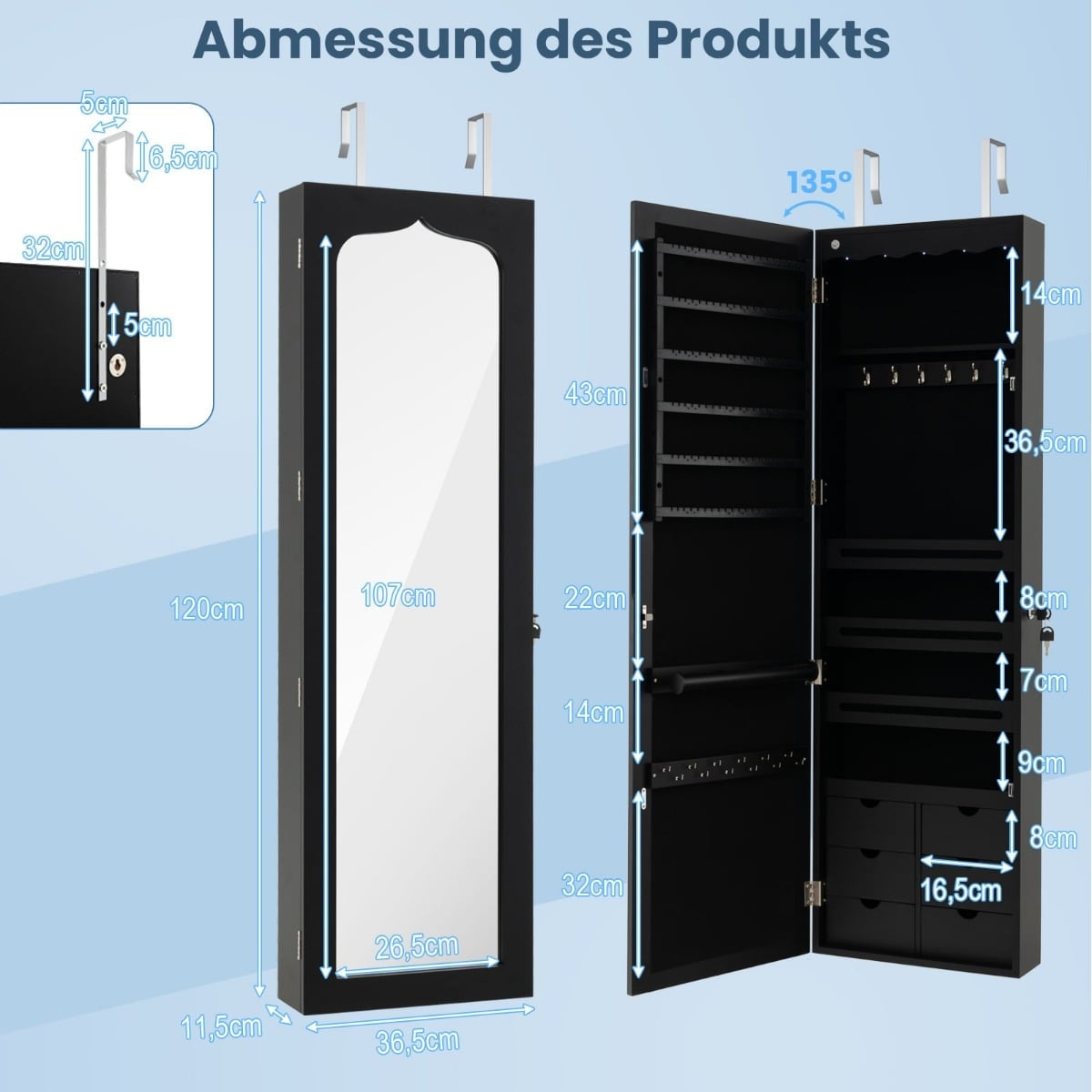 Jewelry Cabinet with Mirror & LED Lights, Lockable, Black