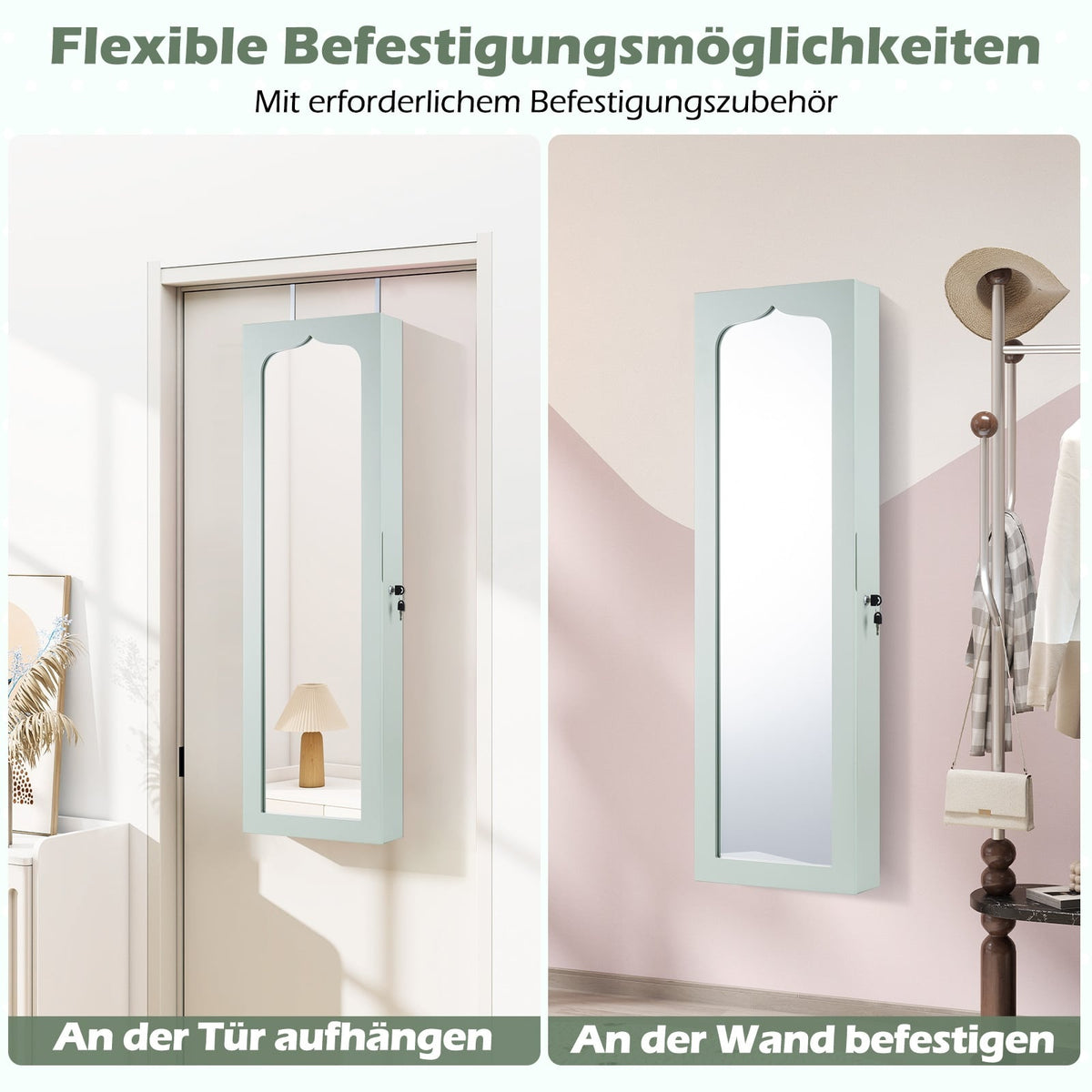 Jewelry Cabinet with Mirror, LED Lights, Lockable, Green