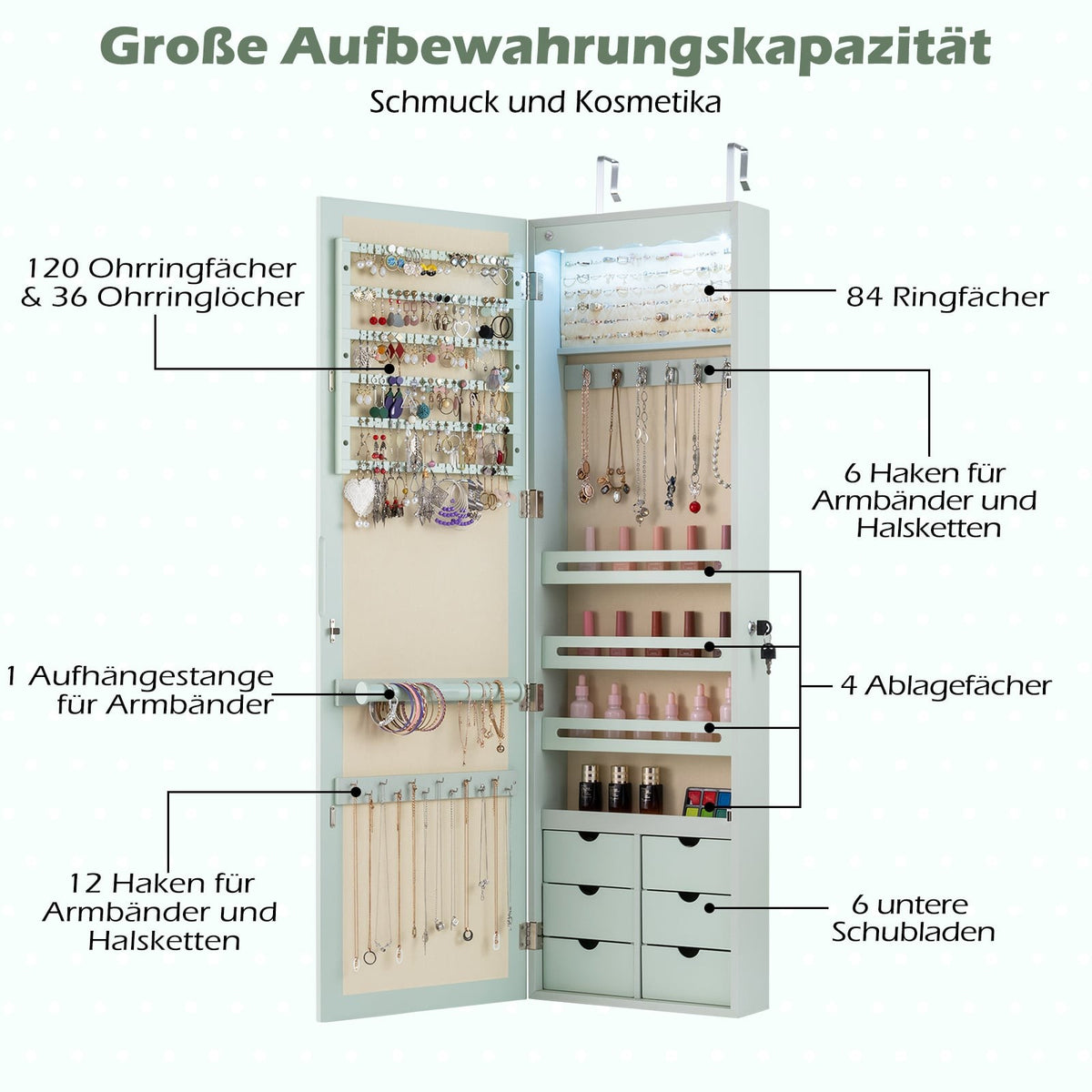 Jewelry Cabinet with Mirror, LED Lights, Lockable, Green