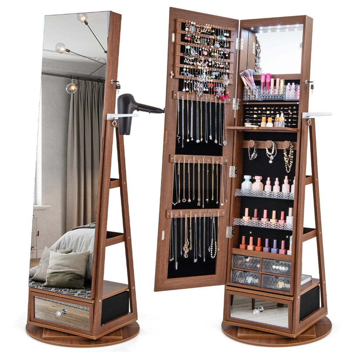 Jewelry cabinet 360° rotating mirror cabinet with full-length mirror 140 x 37 cm brown