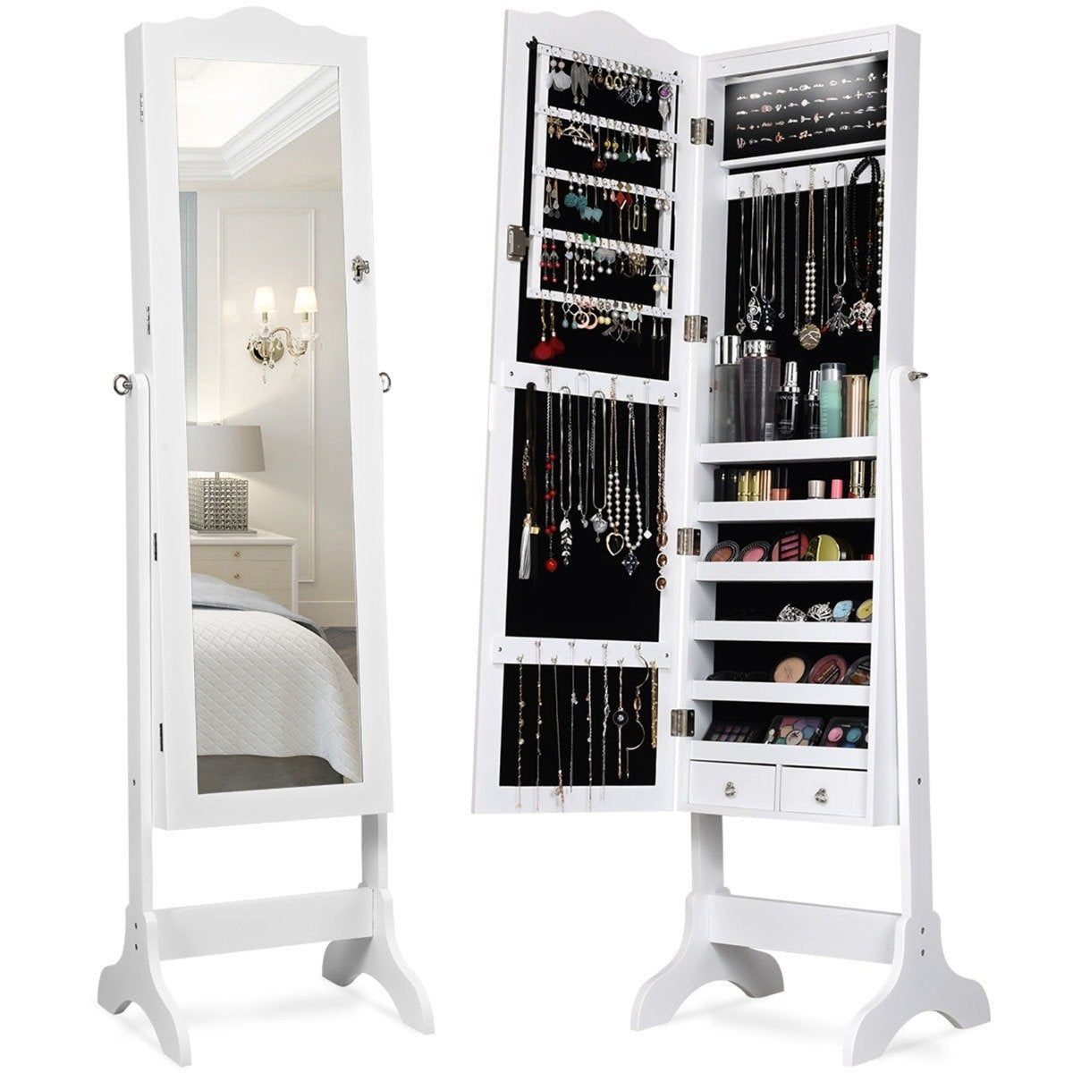 Jewelry cabinet jewelry organizer with full length mirror door 41.5 x 37 x 160 cm white