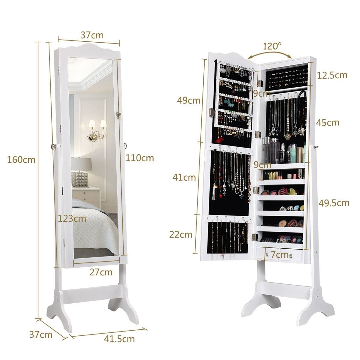 Jewelry cabinet jewelry organizer with full length mirror door 41.5 x 37 x 160 cm white
