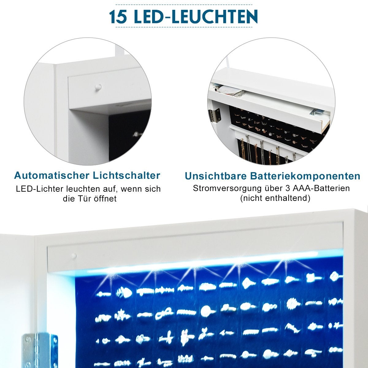 Jewelry cabinet with 15 LED lights & full-length mirror & door/wall mounting white
