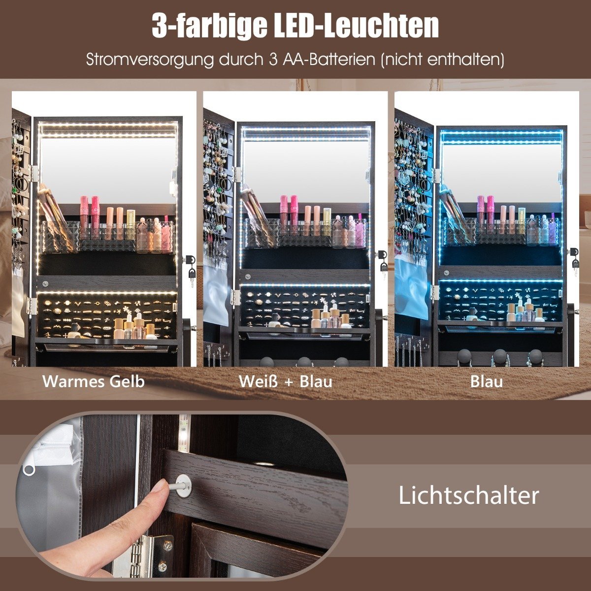 Jewelry cabinet with 3 mirrors & drawer & wheels & lights jewelry mirror brown