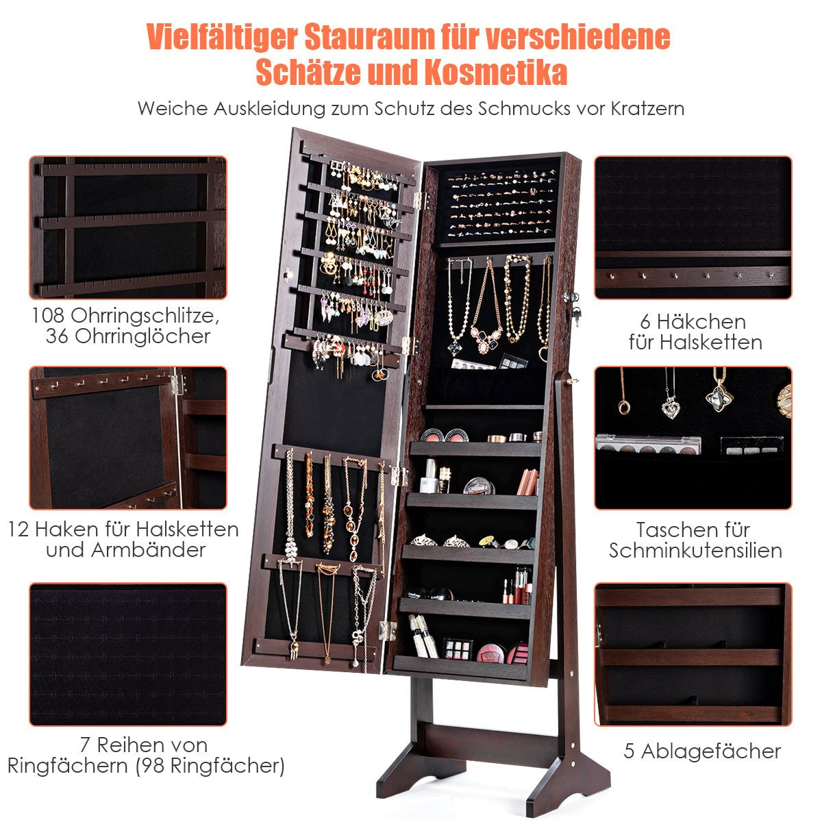 Jewelry cabinet with full-length mirror, freestanding jewelry stand, 41 x 36.5 x 146 cm, brown