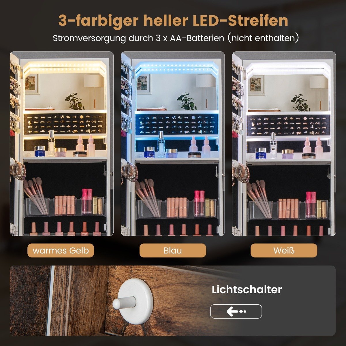 Jewelry cabinet with mirror Mirror cabinet lockable with 3 colored LED lights 41 x 35 x 166 cm brown