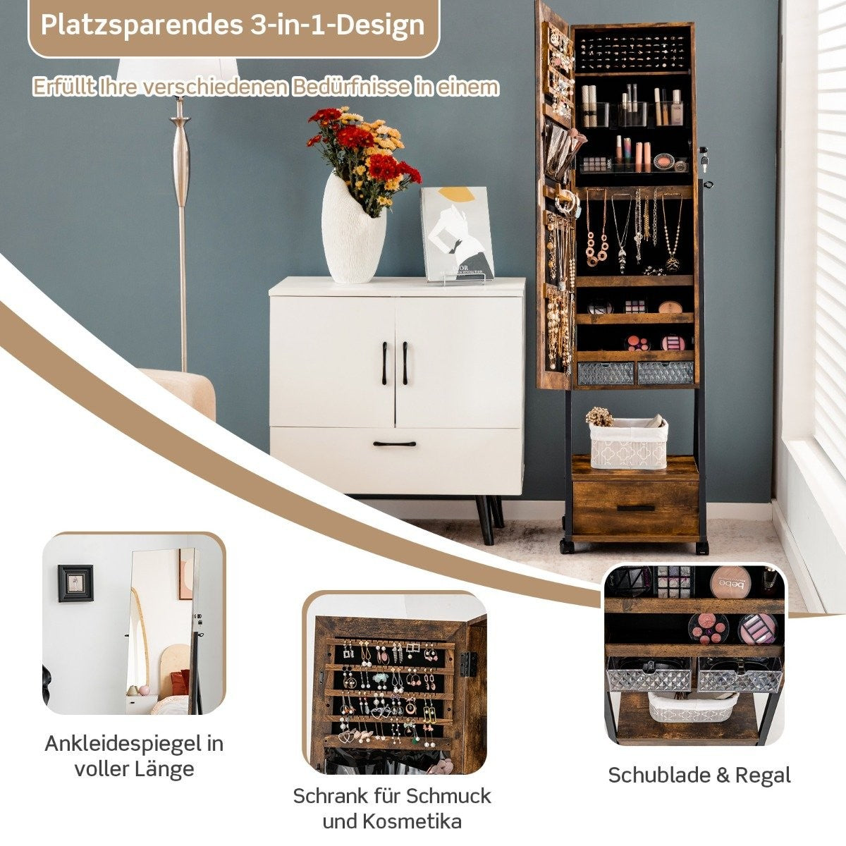 Jewelry cabinet with mirror & drawer Jewelry mirror cabinet on wheels brown