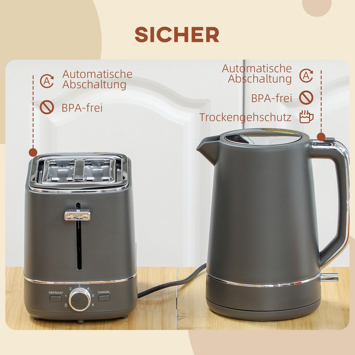 Kettle & Toaster Set, 1.7L, 6 Browning Levels, Gray