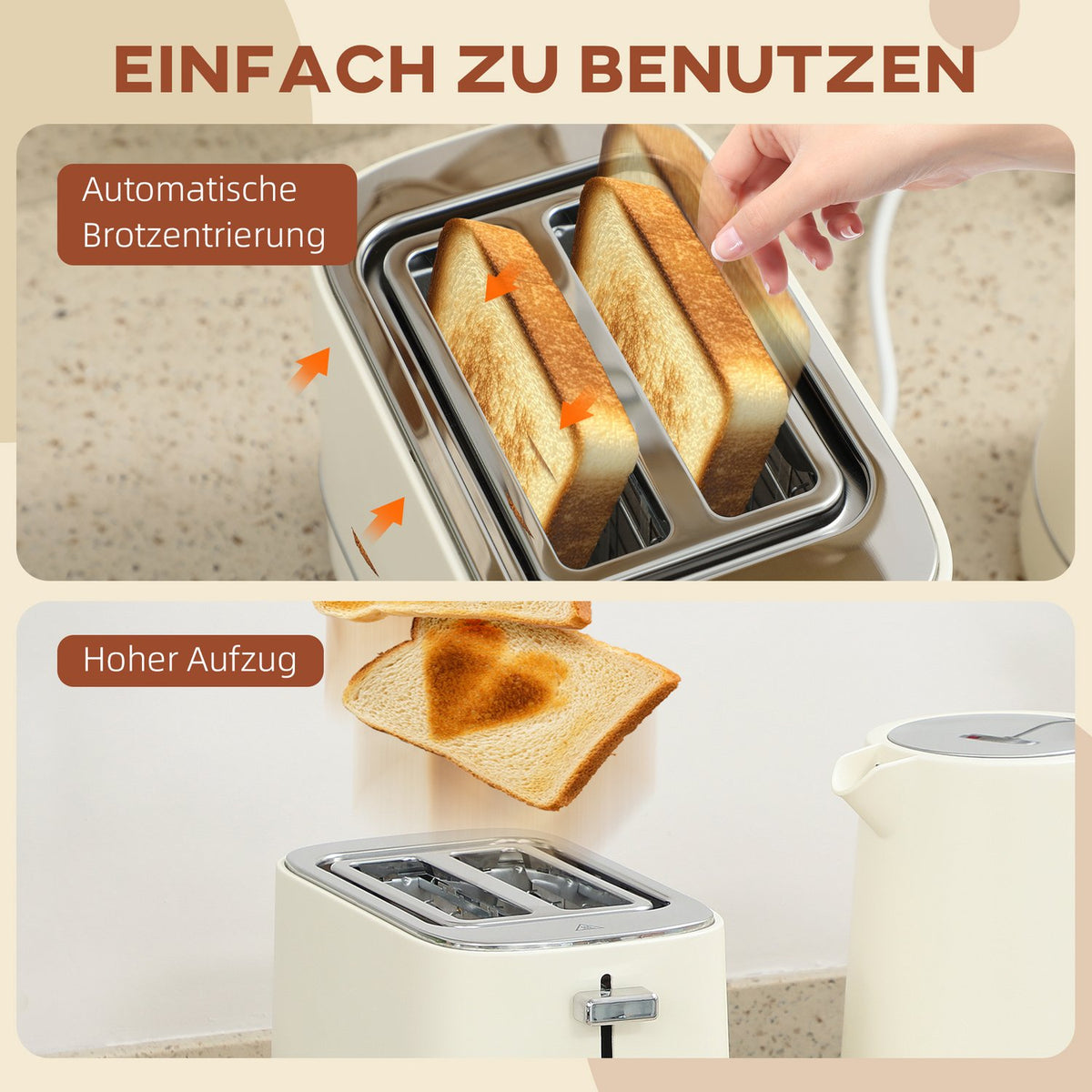 Kettle and Toaster Set, 1.7L, 6 Browning Levels, Beige