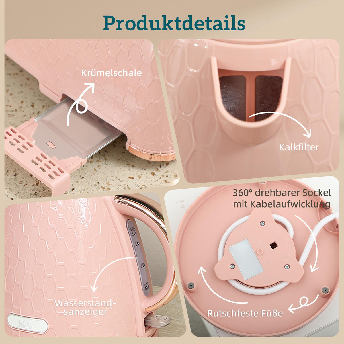 Kettle and Toaster Set, 1.7L Fast Boil, 2-Slice, Pink