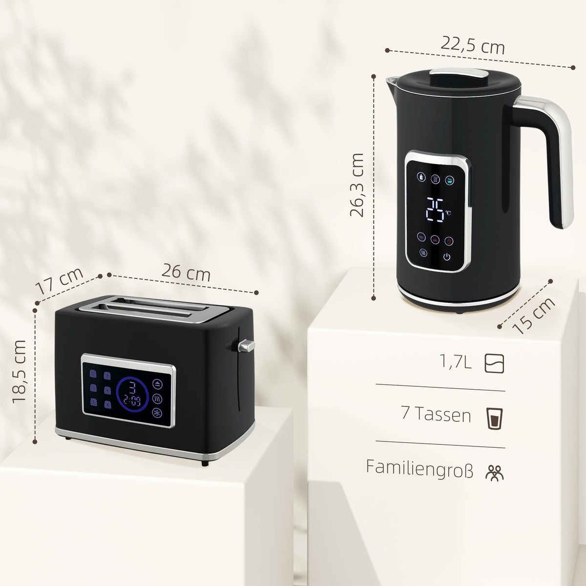 Kettle and Toaster Set, LED Touch, 1.7L, 2 Slots, Black