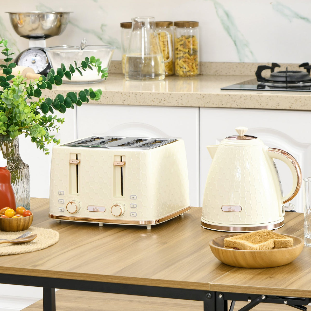 Kettle with toaster 1.7L kettle 4 slices of toast breakfast set with 7 browning levels, automatic switch-off, defrost & reheat function and crumb tray, beige |