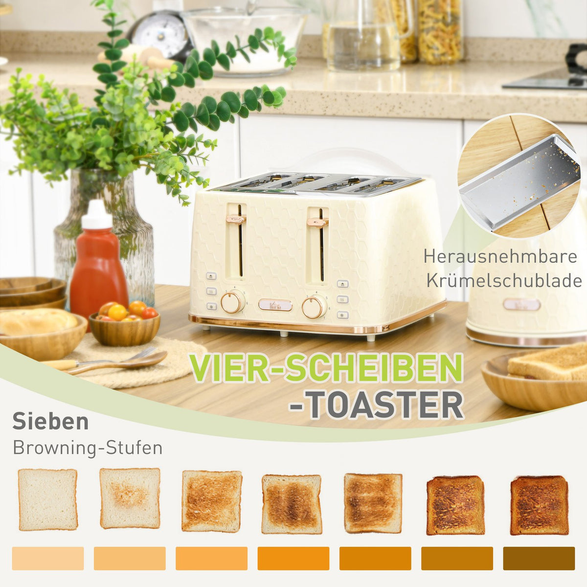 Kettle with toaster 1.7L kettle 4 slices of toast breakfast set with 7 browning levels, automatic switch-off, defrost & reheat function and crumb tray, beige |