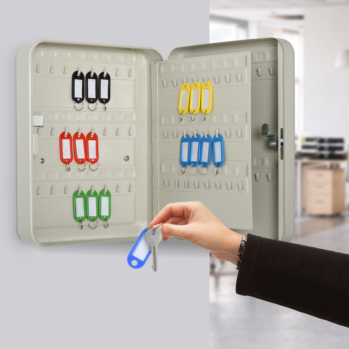 Key Cabinet Key Box With 93 Hooks, Lockable, Steel, Cream White, 30X24X7.5Cm