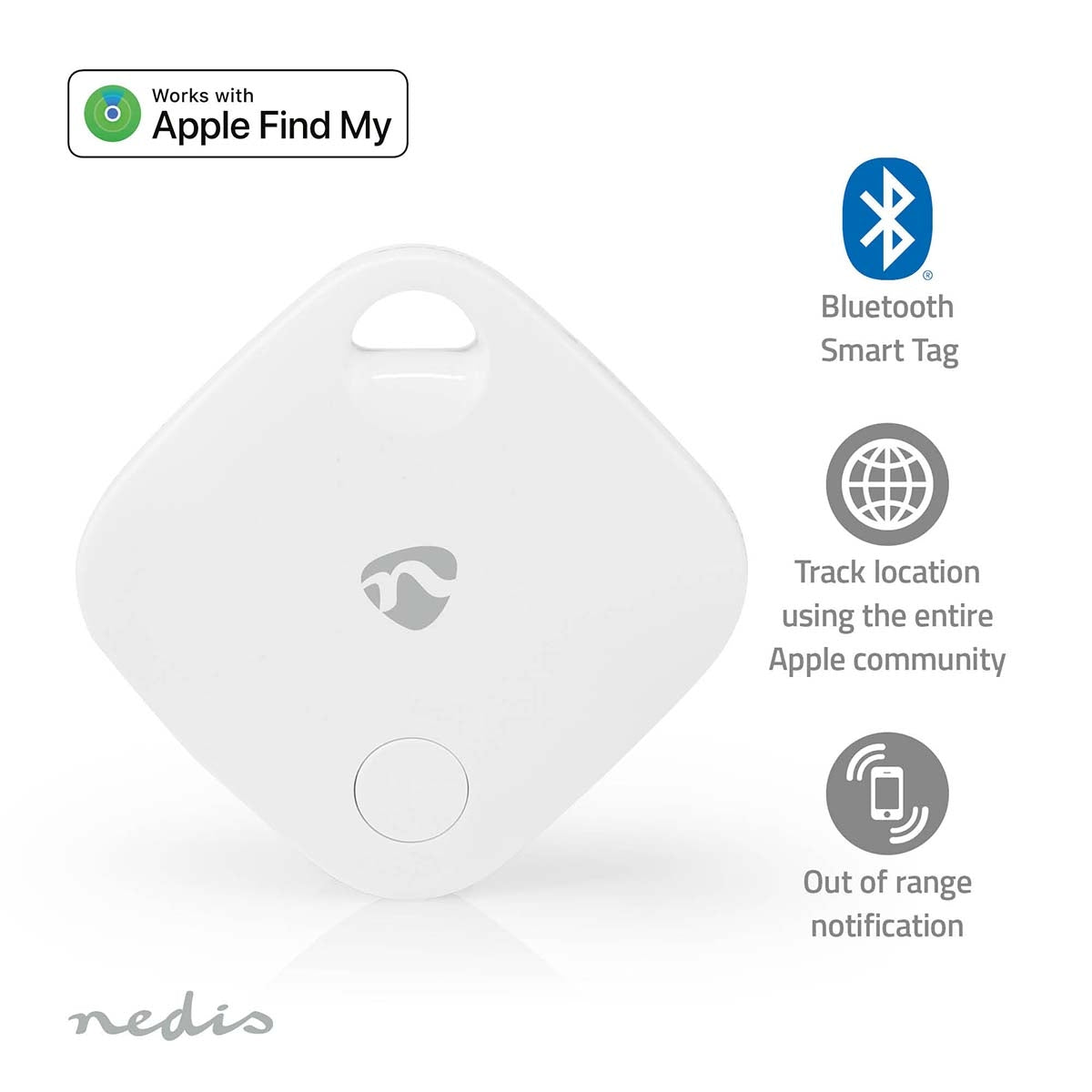 Key Finder | Compatible with: Apple Find My App | Battery powered | 1x CR2032 | batteries included | Bluetooth® version: 5.1 | Battery life up to: 1 year | White | 1 pc.