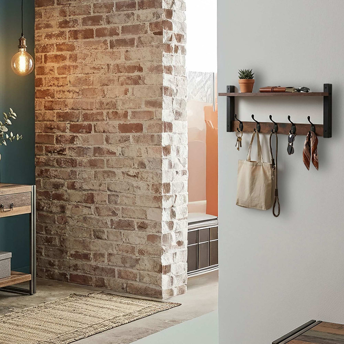 Key Rack with 5 Hooks & Tray, Dark Brown MDF
