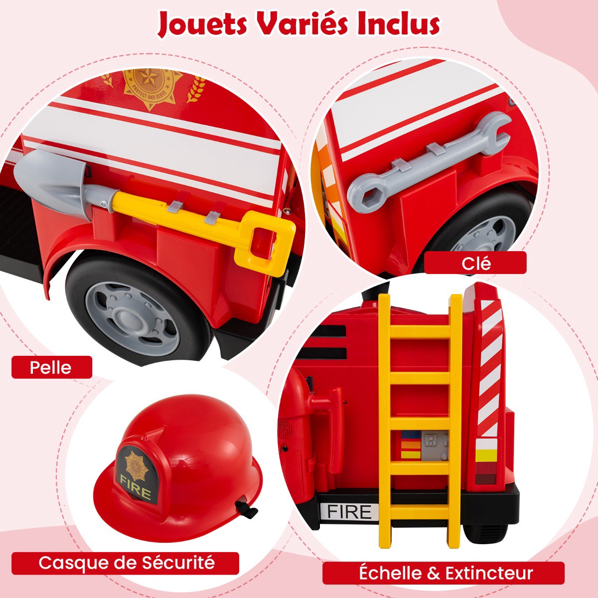 Kids 12V Ride-On Fire Truck, Lights, Sounds, Helmet