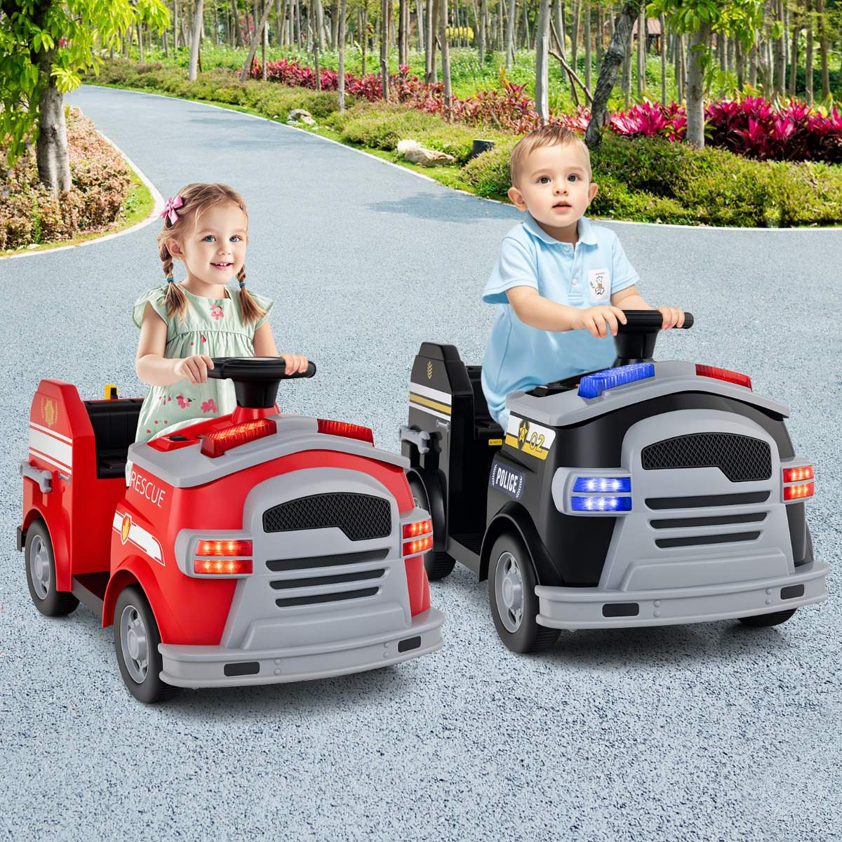 Kids 12V Ride-On Fire Truck, Lights, Sounds, Helmet
