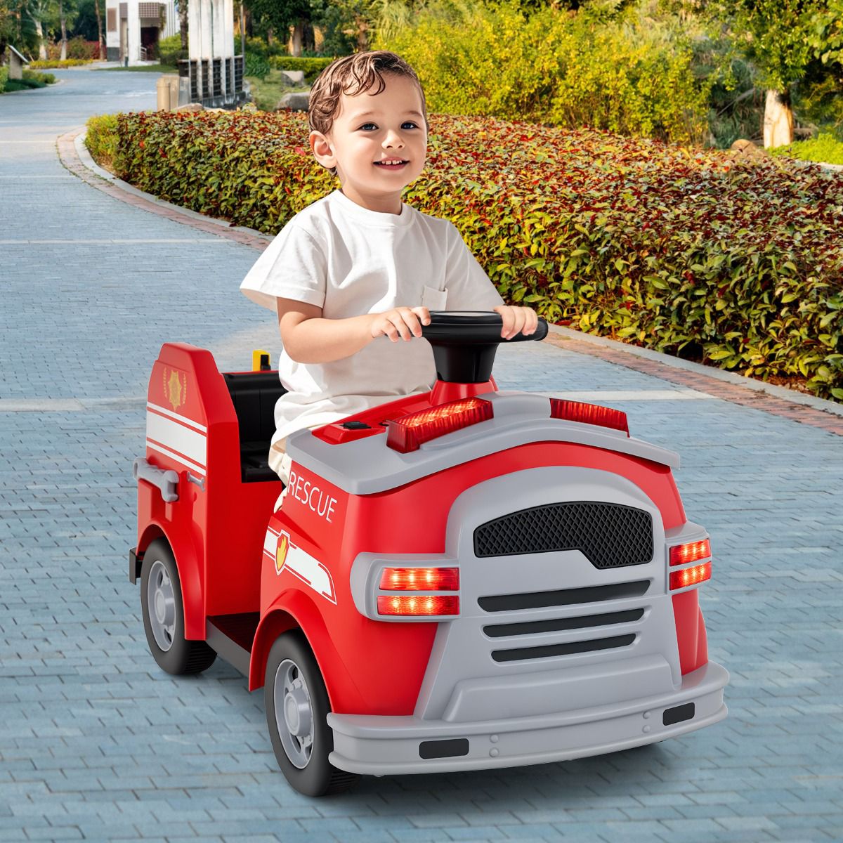 Kids 12V Ride-On Fire Truck, Lights, Sounds, Helmet