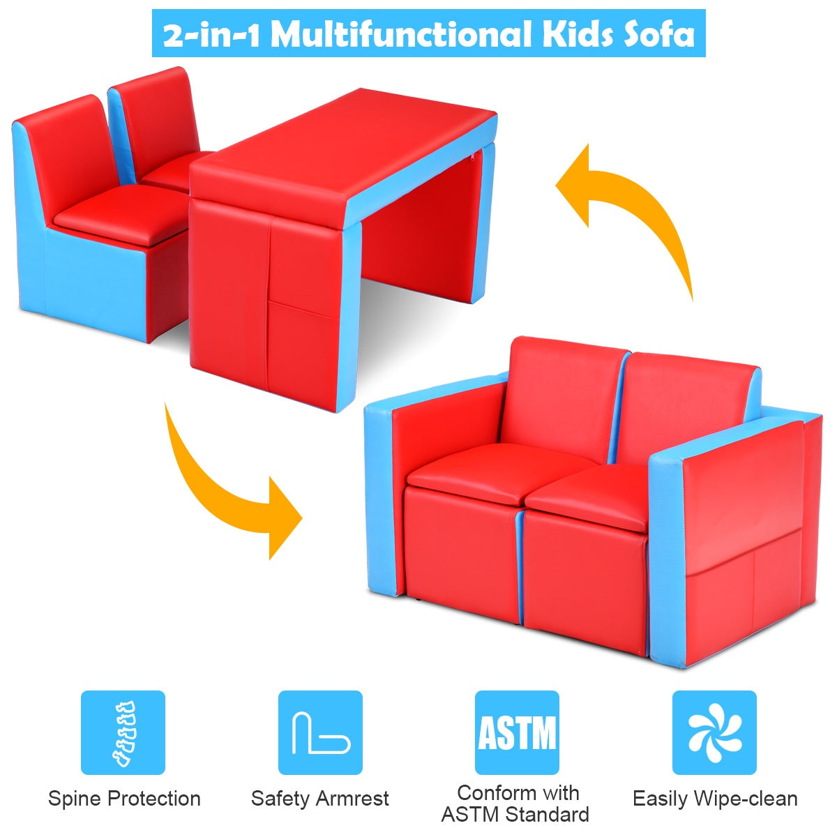 Kids 2-In-1 Sofa Set, Storage, Wooden Frame, Red