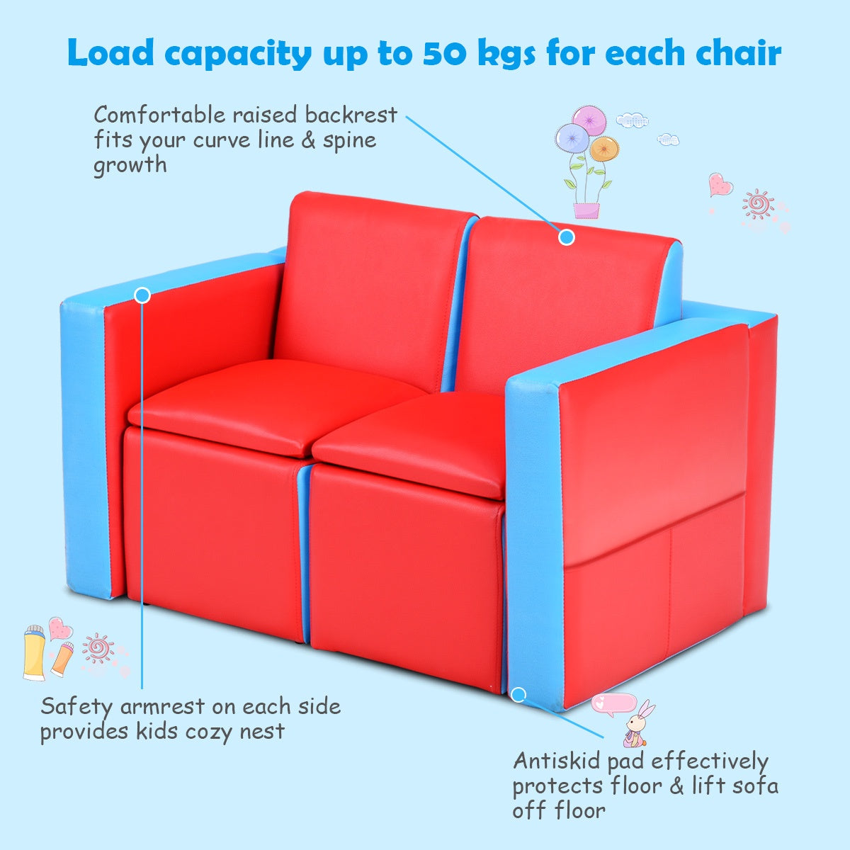 Kids 2-In-1 Sofa Set, Storage, Wooden Frame, Red