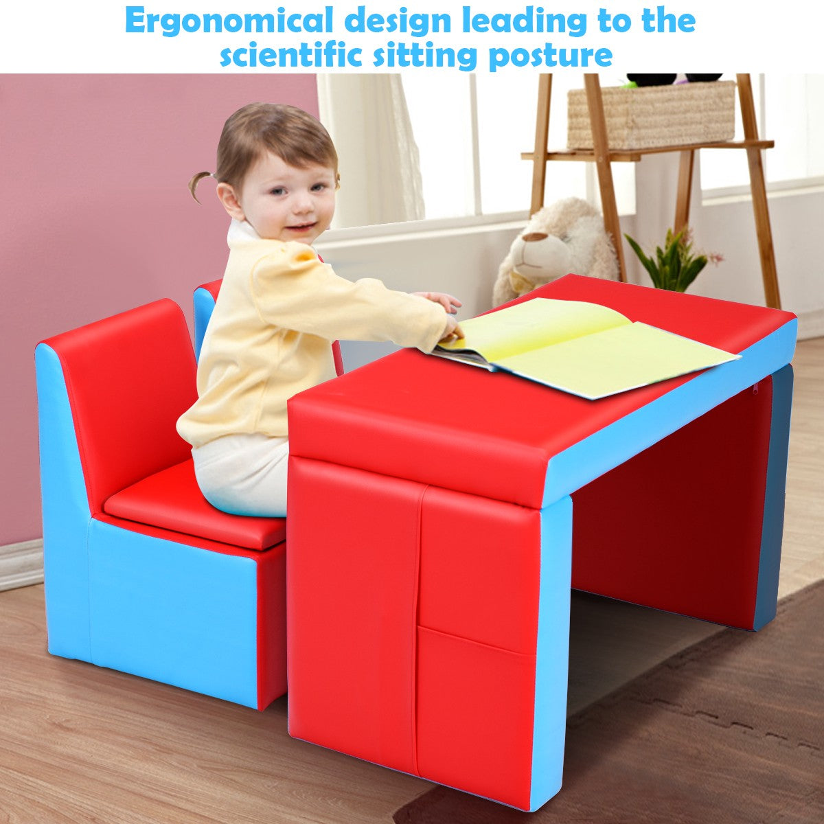 Kids 2-In-1 Sofa Set, Storage, Wooden Frame, Red