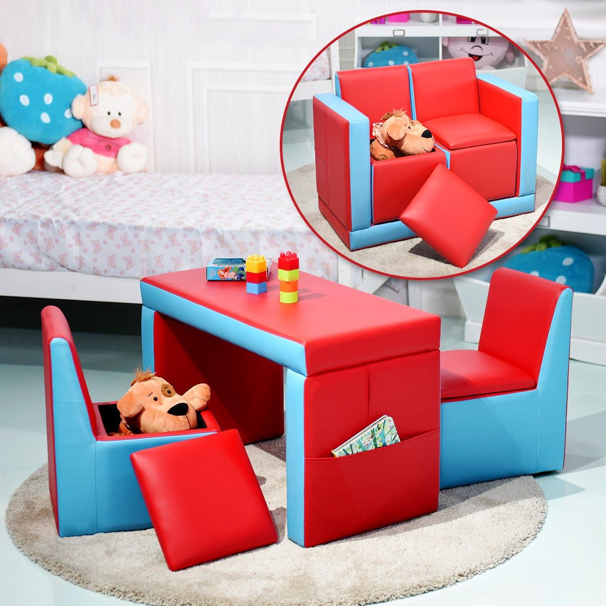 Kids 2-In-1 Sofa Set, Storage, Wooden Frame, Red
