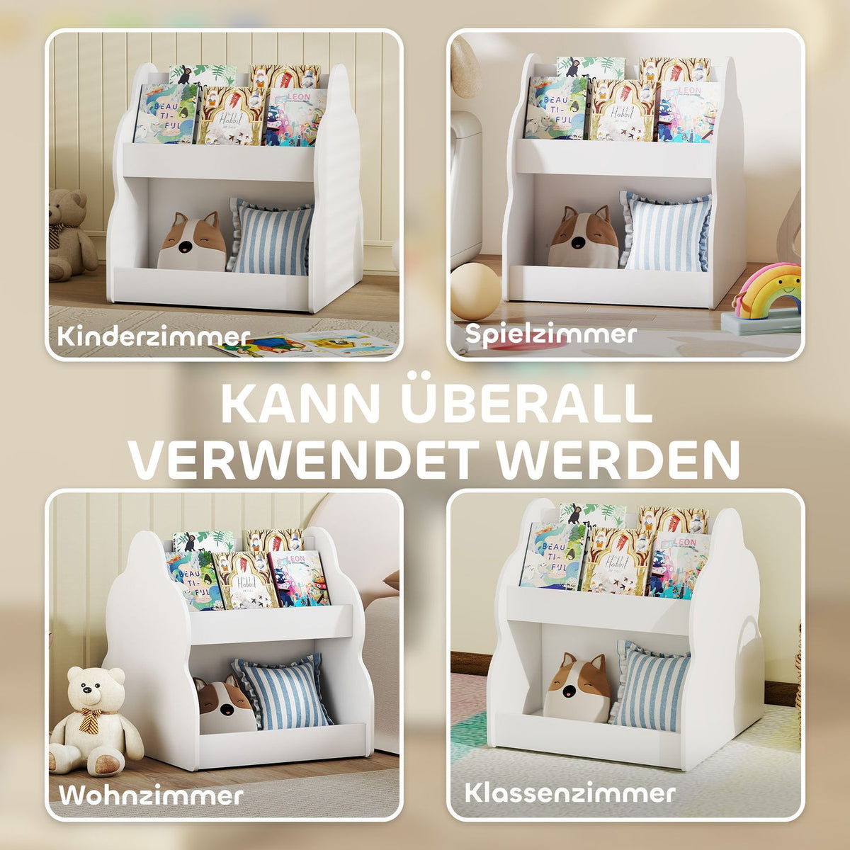 Kids' 2-Tier Bookshelf with Wheels, 4 Shelves, White