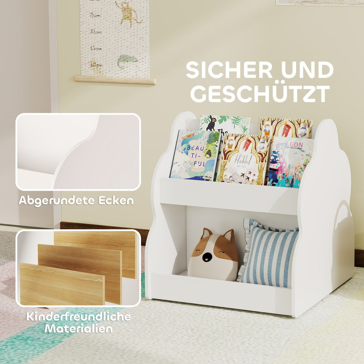 Kids' 2-Tier Bookshelf with Wheels, 4 Shelves, White