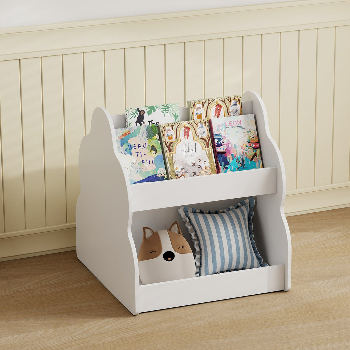 Kids' 2-Tier Bookshelf with Wheels, 4 Shelves, White