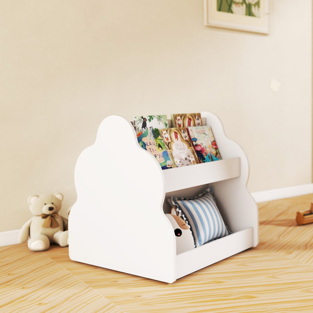 Kids' 2-Tier Bookshelf with Wheels, 4 Shelves, White