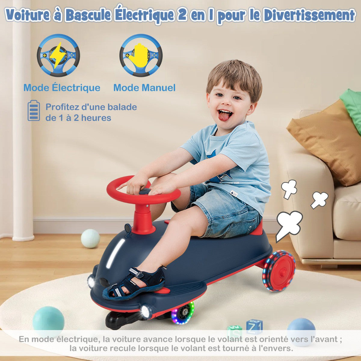 Kids 2-in-1 Electric Wobble Car, Light-Up Wheels, Music