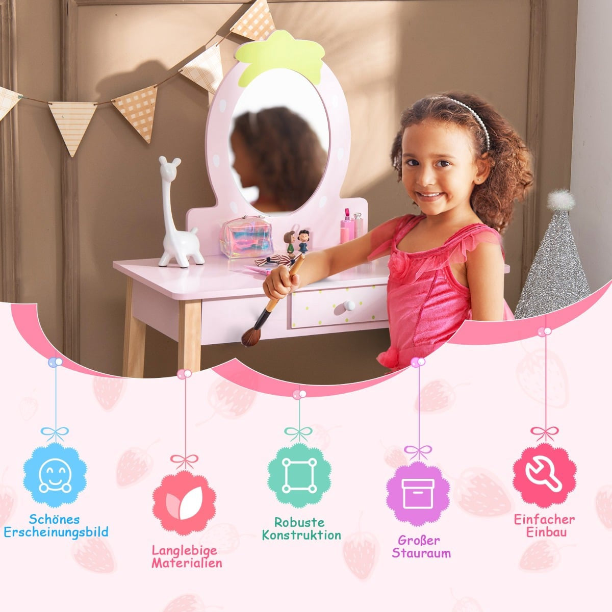 Kids' 2-in-1 Vanity Set with Stool & Mirror, Wood