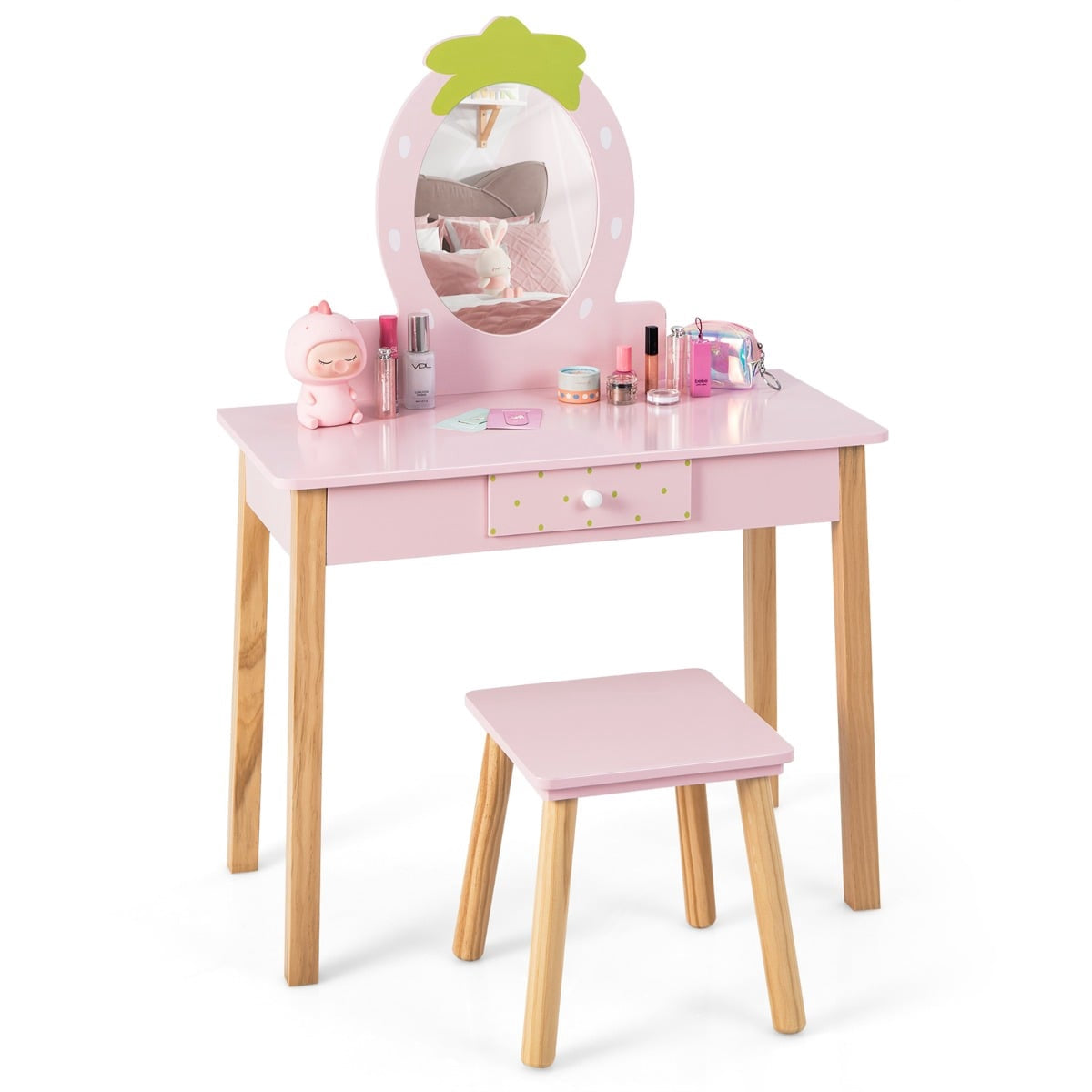 Kids' 2-in-1 Vanity Set with Stool & Mirror, Wood