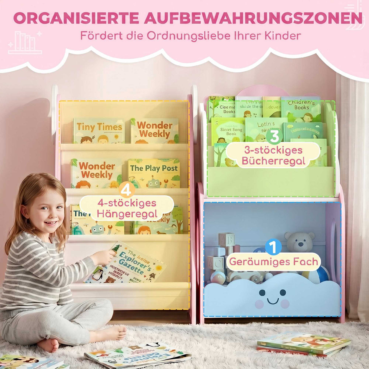 Kids 3-In-1 Toy Storage Shelf, Bookshelf Nightstand, Pink