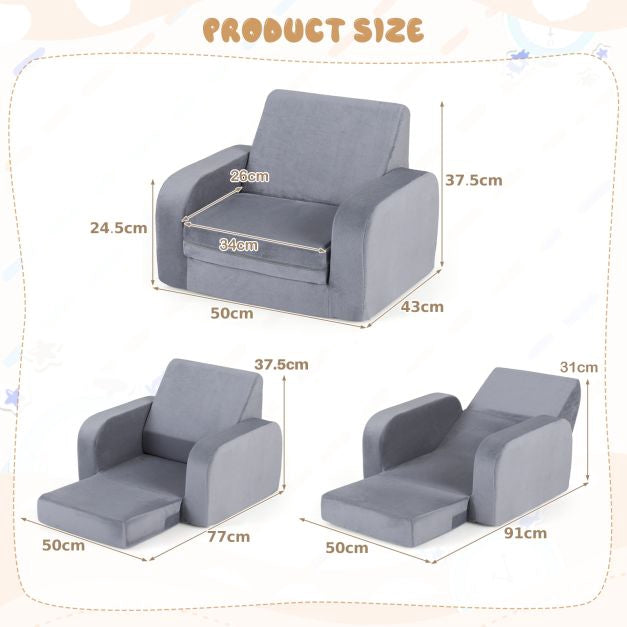 Kids 3-in-1 Convertible Sofa Bed, Velvet, Grey