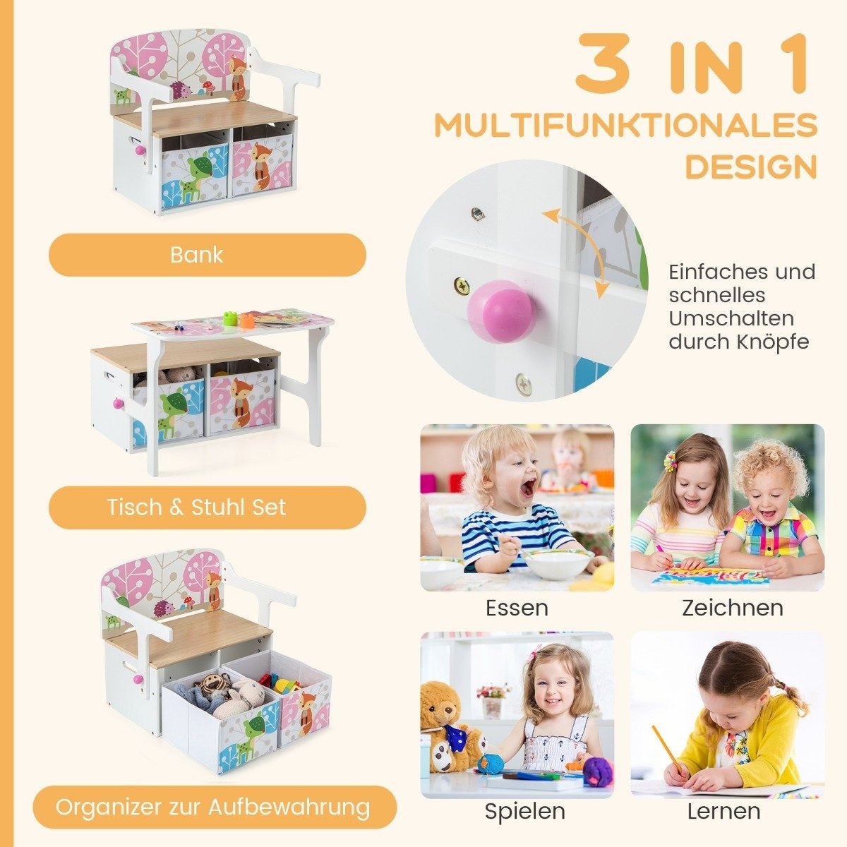 Kids 3-in-1 Table & Chair Set with Storage Bins, White