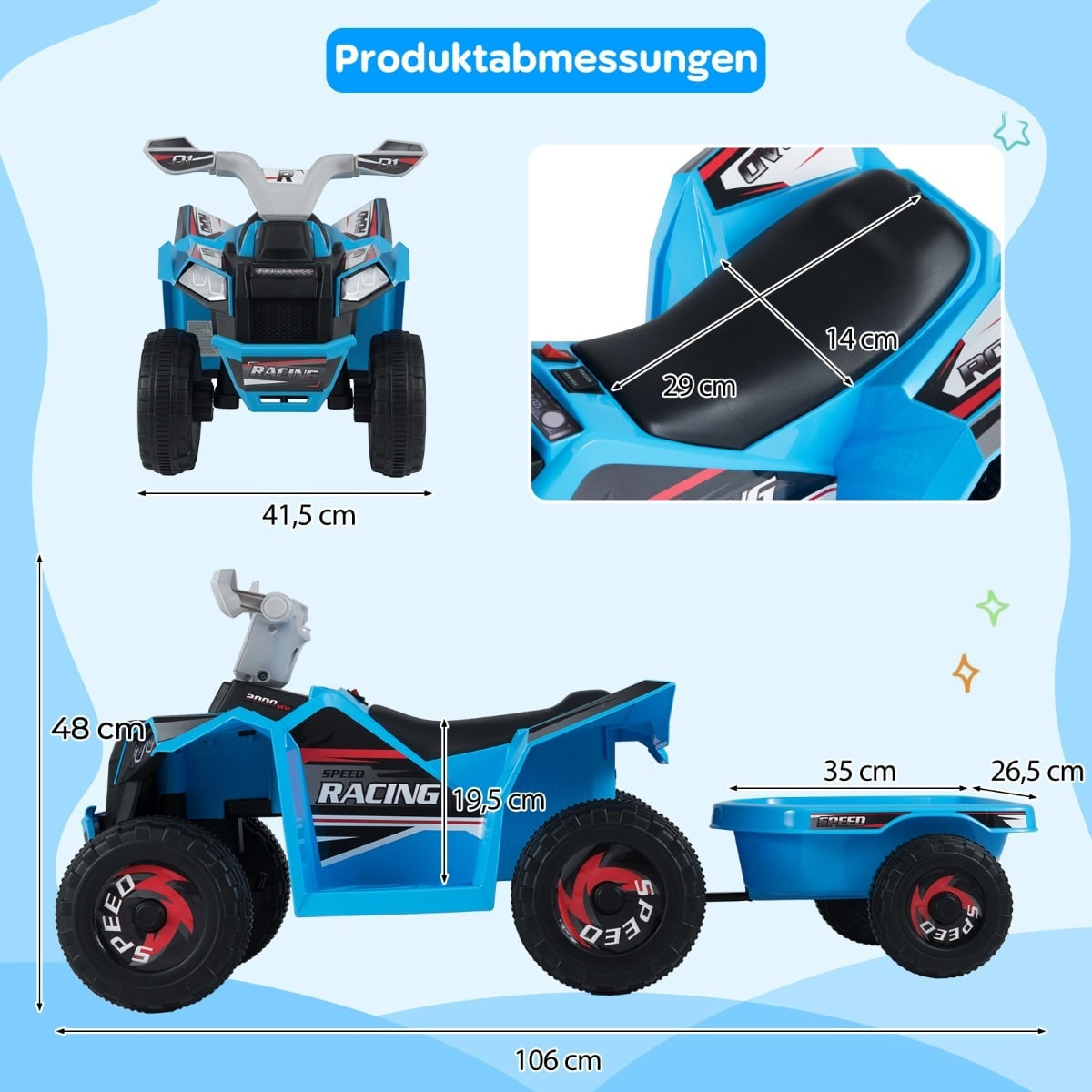 Kids 6V Electric ATV with Trailer, Blue, Durable Wheels