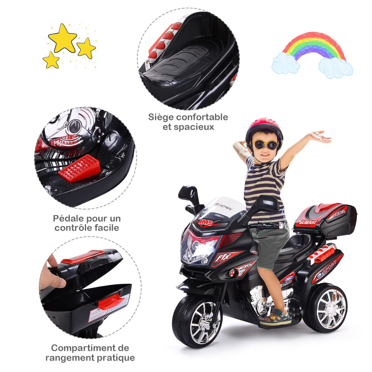 Kids 6V Electric Motorcycle, 3-Wheel, Music, LED